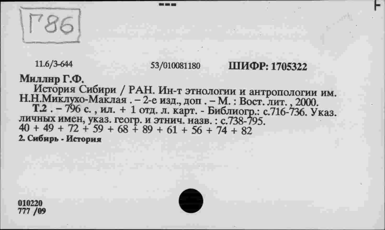 ﻿11.6/3-644
Миллнр Г.Ф.
Г’
Н.Н.Миклухо
53/010081180 ШИФР: 1705322
тг История Сибири / РАН. Ин-т этнологии и антропологии им. Н.Н. Миклухо-Маклая . - 2-е изд., доп . - М. : Вост. лит. .2000.
Т2 . - 796 с., ил. + 1 отд. л. карт. - Библиогр.: с.716-736. Указ, личных имен, указ, геогр. и этнич. назв. : с.738-795
40 + 49 + 72 + 59 + 68 + 89 + 61 + 56 + 74 + 82
2. Сибирь - История
010220
777 /09